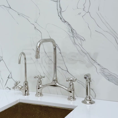 Polished Nickel Vintage Bridge Kitchen Faucet with Sprayer, Drinking Water Tap and Cross Handles