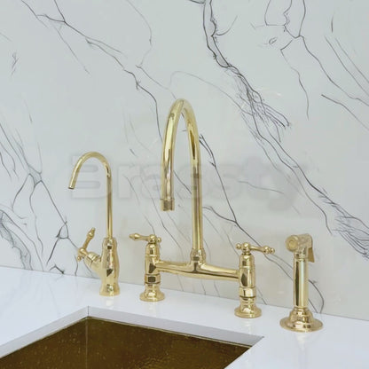 Unlacquered Brass Bridge Kitchen Faucet with Cold Water Faucet, Sprayer, and Lever Handles