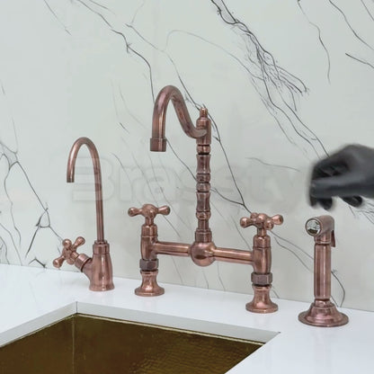 Antique Copper Victorian Bridge Faucet with Ball Center, Sprayer, Cold Water Faucet, and Cross Handles