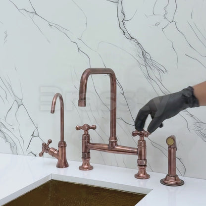 Antique Copper Classic Kitchen Bridge Faucet with Sprayer, Cold Water Faucet and Cross Handles