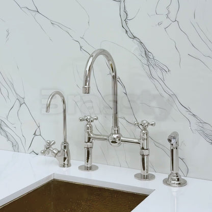 Polished Nickel Kitchen Bridge Faucet with Ball Center, Sprayer, Cold Water Faucet, Straight Legs and Cross Handles