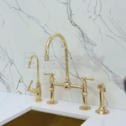 Unlacquered Brass Kitchen Bridge Faucet with Ball Center, Sprayer, Cold Water Faucet, Straight Legs and Lever Handles