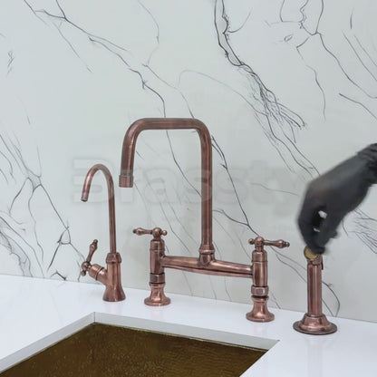 Antique Copper Classic Kitchen Bridge Faucet with Sprayer, Cold Water Faucet and Lever Handles