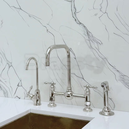 Polished Nickel Classic Bridge Faucet with Ball Center, Sprayer, Cold Water Faucet and Lever Handles