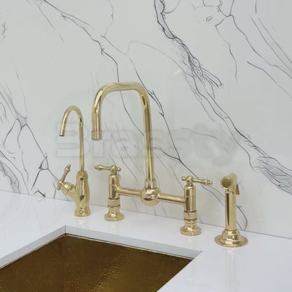 Unlacquered Brass Classic Bridge Faucet with Ball Center, Sprayer, Cold Water Faucet and Lever Handles
