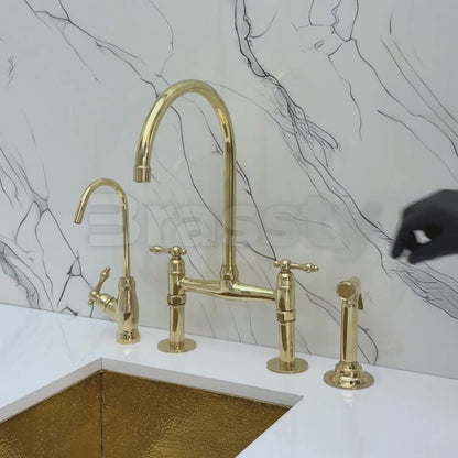 Unlacquered Brass Bridge Faucet with Sprayer, Drinking Water Tap and Lever Handles
