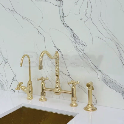 Unlacquered Brass Victorian Bridge Faucet with Ball Center, Sprayer, Cold Water Faucet, and Cross Handles