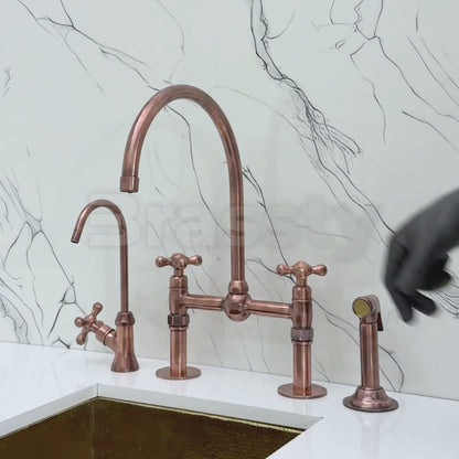 Antique Copper Bridge Faucet with Sprayer, Cold Water Faucet, Straight Legs and Cross Handles