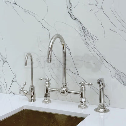 Polished Nickel Bridge Kitchen Faucet with Sprayer, Cold Water Faucet and Lever Handles