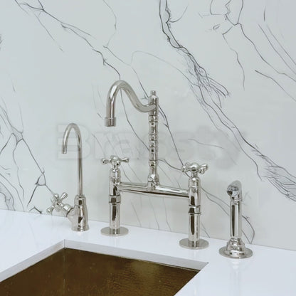 Polished Nickel Victorian Bridge Faucet with Sprayer, Cold Water Faucet and Cross Handles