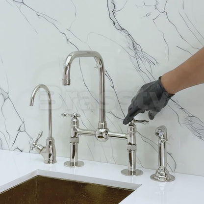 Polished Nickel Classic Bridge Faucet with Ball Center, Straight Legs, Sprayer, Cold Water Faucet and Lever Handles
