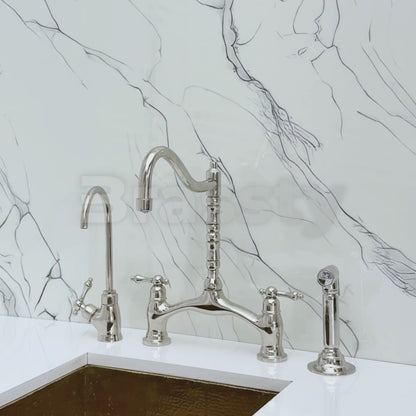 Polished Nickel Victorian Bridge Kitchen Faucet with Sprayer, Drinking Water Tap and Lever Handles