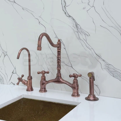 Antique Copper Victorian Bridge Kitchen Faucet with Sprayer, Drinking Water Tap and Cross Handles