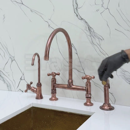 Antique Copper Bridge Kitchen Faucet with Sprayer, Drinking Water Tap and Cross Handles