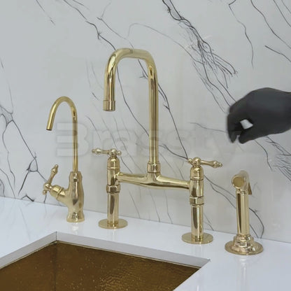 Unlacquered Brass Classic Bridge Faucet with Sprayer, Cold Water Faucet and Lever Handles