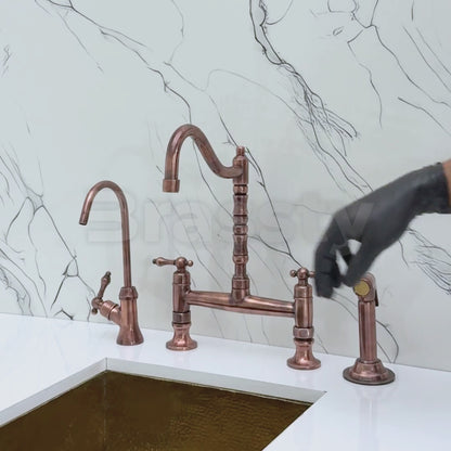 Antique Copper Bridge Victorian Kitchen Faucet with Sprayer, Drinking Water Tap and Lever Handles