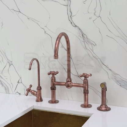 Antique Copper Kitchen Bridge Faucet with Ball Center, Sprayer, Cold Water Faucet, Straight Legs and Cross Handles