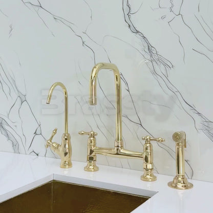 Unlacquered Brass Classic Bridge Faucet with Cold Water Faucet, Sprayer, and Lever Handles