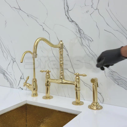 Unlacquered Brass Victorian Bridge Faucet with Sprayer, Cold Water Faucet and Lever Handles