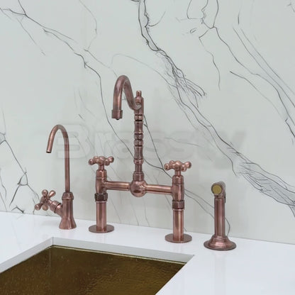 Antique Copper Victorian Bridge Faucet with Sprayer, Cold Water Faucet, Straight Legs and Cross Handles