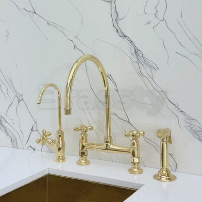 Unlacquered Brass Bridge Kitchen Faucet with Cold Water Faucet, Sprayer, and Cross Handles
