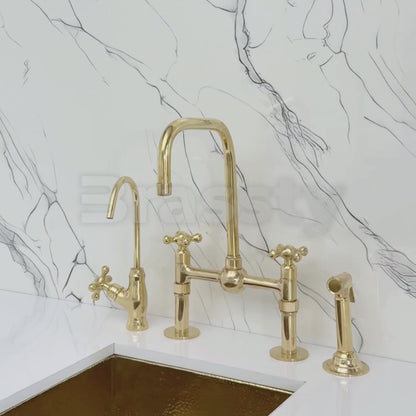 Unlacquered Brass Classic Bridge Faucet with Ball Center, Straight Legs, Sprayer, Cold Water Faucet and Cross Handles
