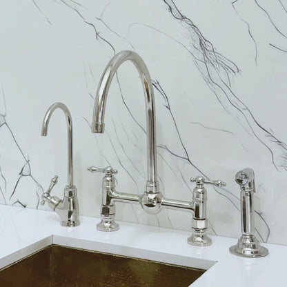 Polished Nickel Bridge Vintage Kitchen Faucet with Ball Center, Sprayer, Cold Water Faucet and Lever Handles