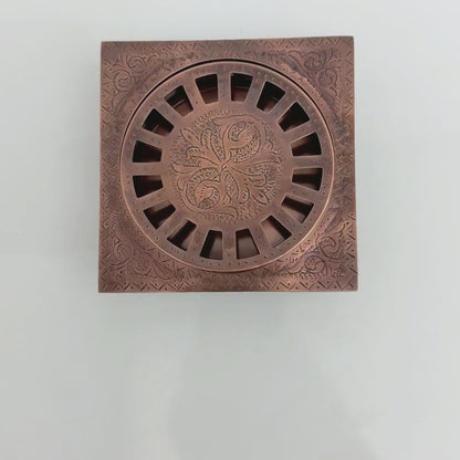 Antique Copper Engraved Shower Drain with Removable Cover, Solid Copper Square Shower Drain