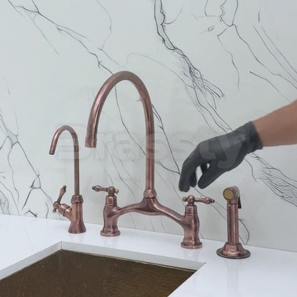 Antique Copper Kitchen Bridge Faucet with Sprayer, Drinking Water Tap and Lever Handles