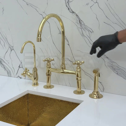 Unlacquered Brass Bridge Faucet with Sprayer, Drinking Water Tap and Cross Handles