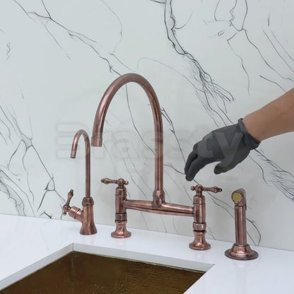 Antique Copper Bridge Kitchen Faucet with Sprayer, Drinking Water Tap and Lever Handles