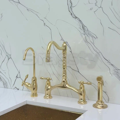Unlacquered Brass Victorian Bridge Kitchen Faucet with Sprayer, Drinking Water Tap and Lever Handles