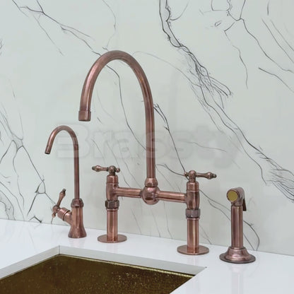 Antique Copper Bridge Faucet with Sprayer, Cold Water Faucet, Straight Legs and Lever Handles