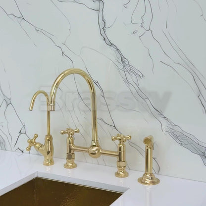 Unlacquered Brass Bridge Kitchen Faucet With Ball Center, Sprayer, Cold Water Faucet and Cross Handles