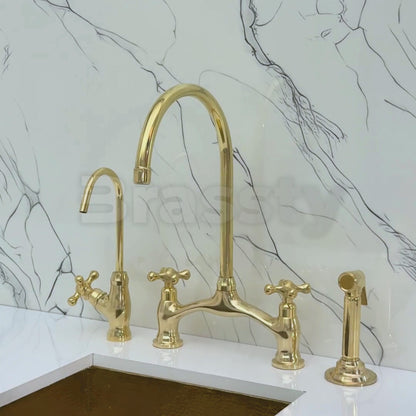 Unlacquered Brass Bridge Antique Faucet with Sprayer, Drinking Water Tap and Cross Handles