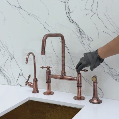 Antique Copper Classic Bridge Faucet with Sprayer, Cold Water Faucet and Lever Handles