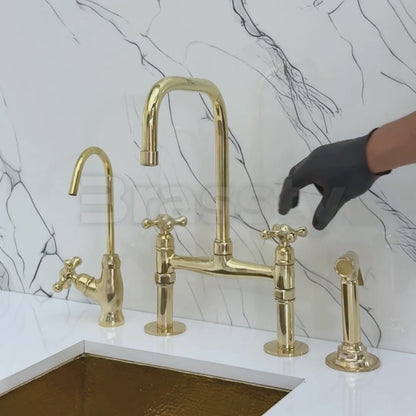 Unlacquered Brass Classic Bridge Faucet with Sprayer, Cold Water Faucet and Cross Handles
