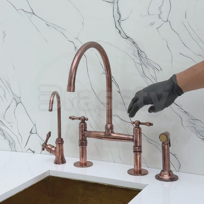 Antique Copper Bridge Faucet with Sprayer, Drinking Water Tap and Lever Handles