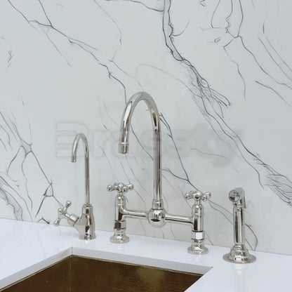 Polished Nickel Bridge Kitchen Faucet with Sprayer, Cold Water Faucet and Cross Handles