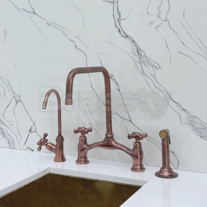 Antique Copper Vintage Bridge Kitchen Faucet with Sprayer, Drinking Water Tap and Cross Handles
