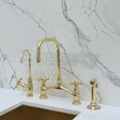 Unlacquered Brass Vintage Bridge Kitchen Faucet with Sprayer, Drinking Water Tap and Cross Handles
