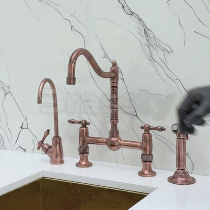 Antique Copper Victorian Bridge Faucet with Ball Center, Sprayer, Cold Water Faucet, and Lever Handles