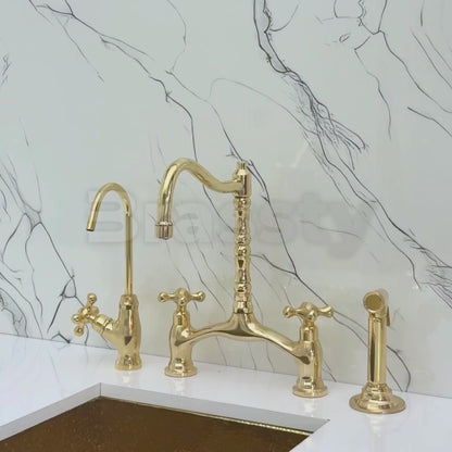 Unlacquered Brass Victorian Bridge Kitchen Faucet with Sprayer, Drinking Water Tap and Cross Handles