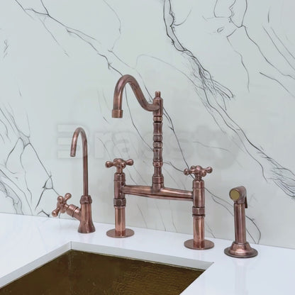 Antique Copper Victorian Bridge Faucet with Sprayer, Cold Water Faucet and Cross Handles