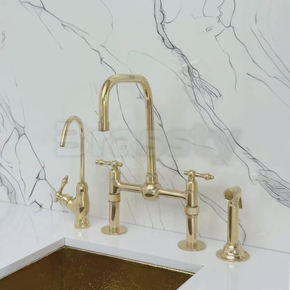 Unlacquered Brass Classic Bridge Faucet with Ball Center, Straight Legs, Sprayer, Cold Water Faucet and Lever Handles