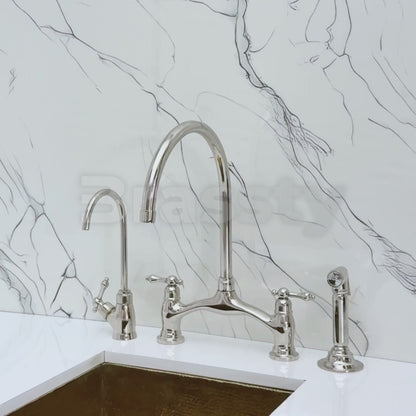 Polished Nickel Kitchen Bridge Faucet with Sprayer, Drinking Water Tap and Lever Handles
