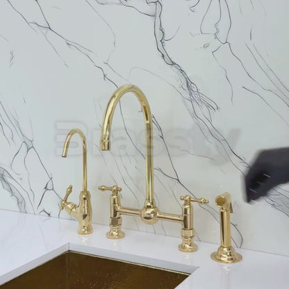 Unlacquered Brass Bridge Vintage Kitchen Faucet with Ball Center, Sprayer, Cold Water Faucet and Lever Handles