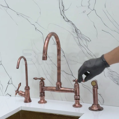 Antique Copper Bridge Kitchen Faucet with Cold Water Faucet, Sprayer, and Lever Handles