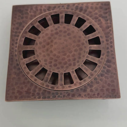 Solid Brass Hammered Square Shower Drain, Antique Copper Finish Bathroom Drain with Removable Cover