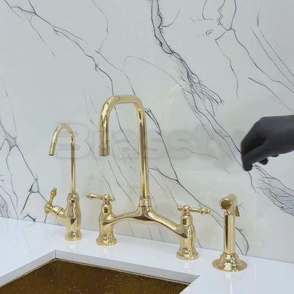 Unlacquered Brass Vintage Bridge Kitchen Faucet with Sprayer, Drinking Water Tap and Lever Handles